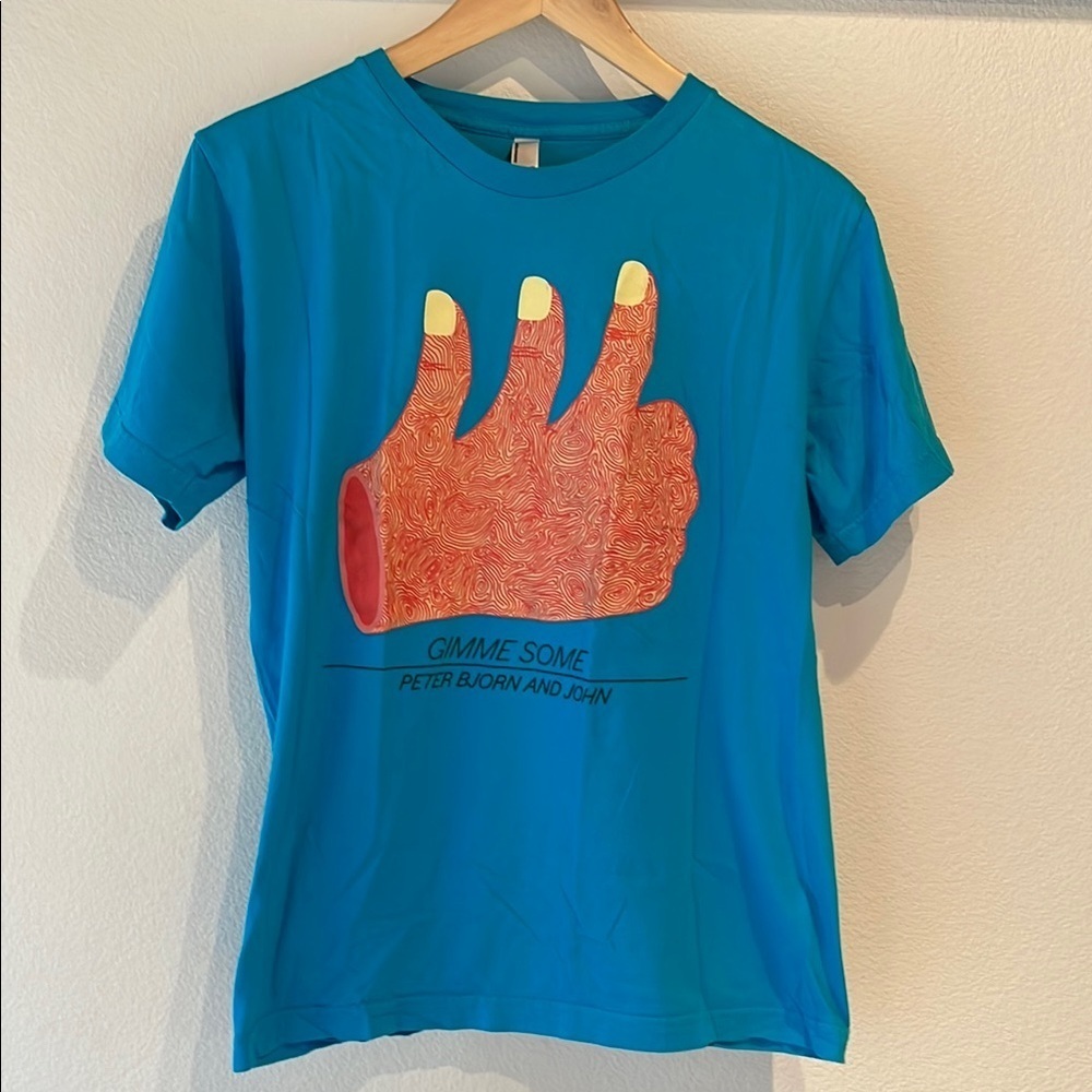 Peter Bjorn and John Gimme Sone Album Cover Men’s TShirt, Blue, Size M